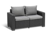 "Allibert by Keter" California 2-Sitzer Gartensofa für Balkon und Terrasse, inklusive Sitzauflagen und Rückenkissen, runde Rattanoptik, Lounge Gartenmöbel, grau, 141x68x72cm - 1