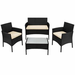 BB Sport 7-teilige Polyrattan Sitzgruppe für 4 Personen inkl. Sitzpolster und Tisch Balkonmöbel Set Sitzgarnitur, Farbe:Titan-Schwarz/Sandstrand - 1