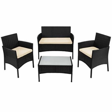 BB Sport 7-teilige Polyrattan Sitzgruppe für 4 Personen inkl. Sitzpolster und Tisch Balkonmöbel Set Sitzgarnitur, Farbe:Titan-Schwarz/Sandstrand - 1