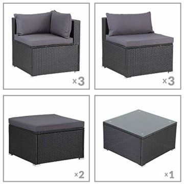 Casaria Polyrattan Lounge Set XXL mit Auflagen Kissen Tisch Glasplatte Kombinierbar Gartenmöbel Ecklounge Schwarz Grau - 6