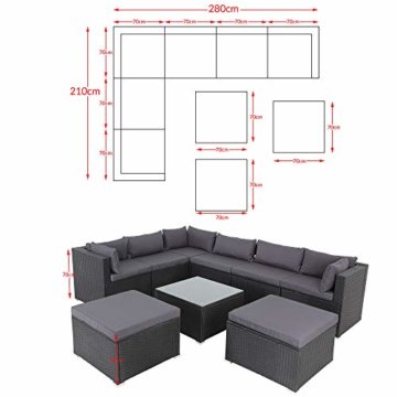Casaria Polyrattan Lounge Set XXL mit Auflagen Kissen Tisch Glasplatte Kombinierbar Gartenmöbel Ecklounge Schwarz Grau - 7