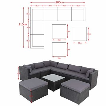 Casaria Polyrattan Lounge Set XXL mit Auflagen Kissen Tisch Glasplatte Kombinierbar Gartenmöbel Ecklounge Schwarz Grau - 8