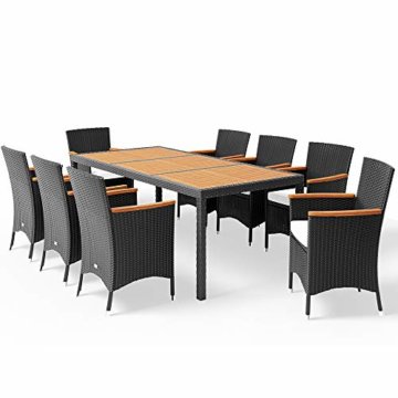 Deuba Poly Rattan Sitzgruppe 8 Stapelbare Stühle 7cm Auflagen Gartentisch 190x90 cm Akazie Holz Gartenmöbel Set Schwarz - 1