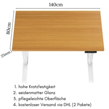 E.For.U® E7 Elektrisch höhenverstellbarer Schreibtisch, höhenverstellbares Tischgestell mit 2 Motoren, 2-Fach-Teleskop, Memory-Steuerung (Weiß), mit 140x80 cm Tischplatte (Buche) - 5