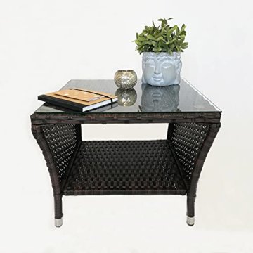Eleganter Polyrattan Beistelltisch mit Tischglasplatte und Ablagefläche, 50x50cm - Braun - Gartentisch Teetisch Gartenmöbel Rattanmöbel - 6