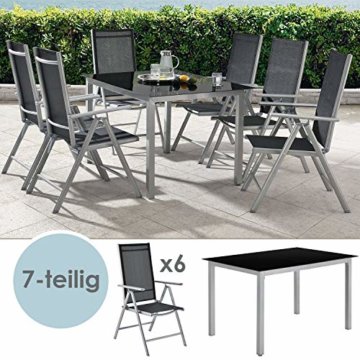 Juskys Aluminium Gartengarnitur Milano 7-teilig - Gartenstühle 6er Set mit Tisch – Stühle klappbar & verstellbar – Gartenmöbel Silbergrau-schwarz - 3