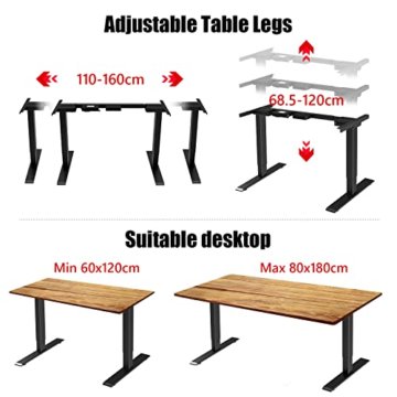 MAIDeSITe Elektrisch Höhenverstellbarer Schreibtisch Verstellbarer Schreibtisch Tischgestell mit 2 Motoren,4 Memory-Steuerung, Kollisionschutz und USB-Aufladung Funktion Gestell(Schwarz) - 3