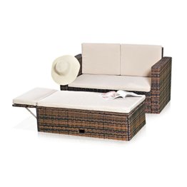 Melko Lounge Sofa-Garnitur Gartenset, Poly Rattan, mit klappbarer Fußbank, Schwarz, inklusive Kissen, mehrteilig, Braun - 1