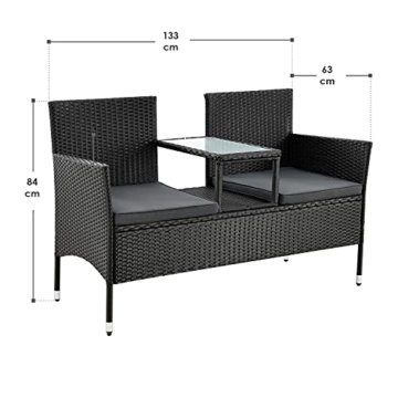 Polyrattan Gartenbank Monaco schwarz - 2-Sitzer Bank mit integriertem Tisch & Kissen in Grau - 133 × 63 × 84 cm - Sitzbank wetterfest - 2