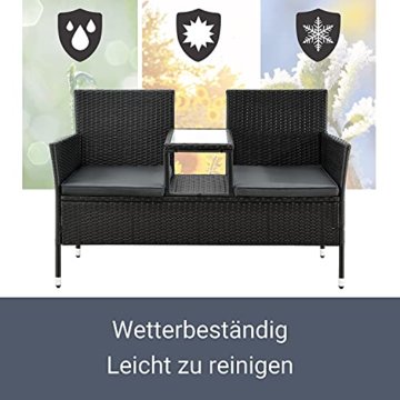 Polyrattan Gartenbank Monaco schwarz - 2-Sitzer Bank mit integriertem Tisch & Kissen in Grau - 133 × 63 × 84 cm - Sitzbank wetterfest - 4