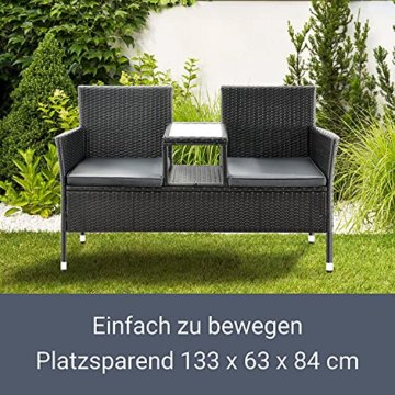 Polyrattan Gartenbank Monaco schwarz - 2-Sitzer Bank mit integriertem Tisch & Kissen in Grau - 133 × 63 × 84 cm - Sitzbank wetterfest - 7