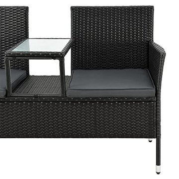 Polyrattan Gartenbank Monaco schwarz - 2-Sitzer Bank mit integriertem Tisch & Kissen in Grau - 133 × 63 × 84 cm - Sitzbank wetterfest - 8