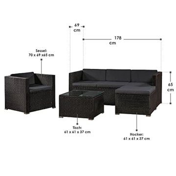 Polyrattan Lounge Punta Cana L schwarz – Gartenlounge für 4-5 Personen – Gartenmöbel-Set mit Sessel, Sofa, Tisch, Hocker - Bezüge Dunkelgrau - 2