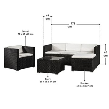 Polyrattan Lounge Punta Cana L schwarz – Gartenlounge Set für 4-5 Personen – Gartenmöbel-Set mit Sessel, Sofa, Tisch & Hocker - Sitzbezüge in Creme - 2
