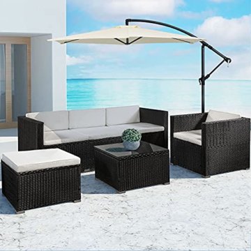 Polyrattan Lounge Punta Cana L schwarz – Gartenlounge Set für 4-5 Personen – Gartenmöbel-Set mit Sessel, Sofa, Tisch & Hocker - Sitzbezüge in Creme - 3