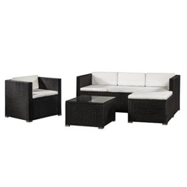 Polyrattan Lounge Punta Cana L schwarz – Gartenlounge Set für 4-5 Personen – Gartenmöbel-Set mit Sessel, Sofa, Tisch & Hocker - Sitzbezüge in Creme - 1