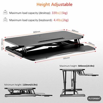 PUTORSEN® Ergonomischer höhenverstellbarer Sitz-Steh-Arbeitsplatz Schreibtisch Computer Riser Work Station, Schreibtischaufsatz Steharbeitsplatz Standtisch - 32