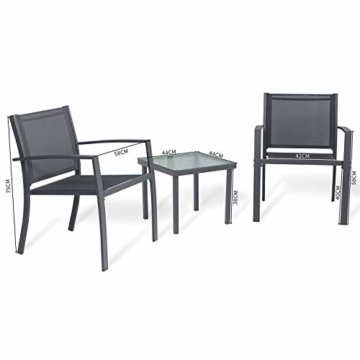 Sigtua, 3-TLG Möbel für den Innen- und Außenbereich Gartenlounge Gartenmöbel-Sets Gartengarnitur Kohlenstoffstahl-Gestell & Textilene-Gewebe mit Teetisch und 2 Stühlen für 2 Personen (Schwarz/Grau) - 2