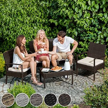TecTake 800138 Poly Rattan Sitzgruppe, Gartenset mit 2 Stühlen, Bank + Tisch mit Glasplatte, Lounge Set für Garten, Terrasse und Balkon (Braun-Schwarz) - 2