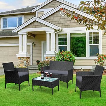 UISEBRT Gartenmöbel Poly Rattan Balkonmöbel Sitzgruppe Lounge Set - Mit 2-er Sofa, Singlestühle, Tisch und Anthrazit Sitzkissen - 8