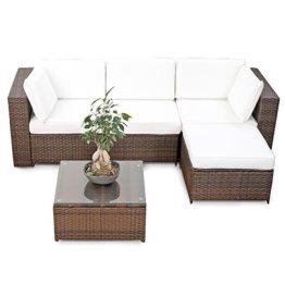 XINRO® erweiterbares 15tlg. Balkon Polyrattan Lounge Ecke - braun - Sitzgruppe Garnitur Gartenmöbel Lounge Möbel Set aus Polyrattan - inkl. Lounge Sessel + Ecke + Hocker + Tisch + Kissen - 1