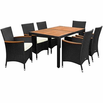 Deuba Poly Rattan Sitzgruppe 6 Stapelbare Stühle 7cm Auflagen Gartentisch 150x90 cm Akazie Holz Gartenmöbel Set Schwarz - 1