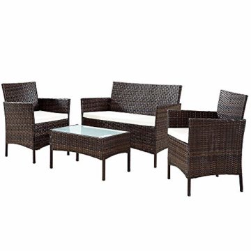 EBS My Furniture 4-teiliges Rattan-Set für Garten und Terrasse, für drinnen und draußen, weiß/cremefarben, 2 Stühle, Couchtisch mit Glasplatte  Braun - 2