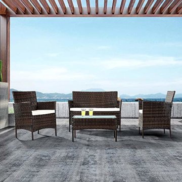 EBS My Furniture 4-teiliges Rattan-Set für Garten und Terrasse, für drinnen und draußen, weiß/cremefarben, 2 Stühle, Couchtisch mit Glasplatte  Braun - 1