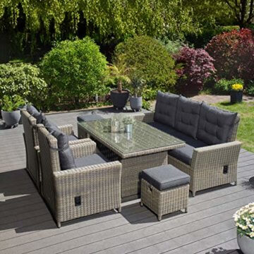 Green Spirit - Garten Sitzgruppe Asti - Braun, Polyrattan, für 7 Personen, Sicherheitsglas, Wetterfest, Gartenmöbel-Set mit Sofa, Tisch, 2 Sessel, 2 Hocker - 4