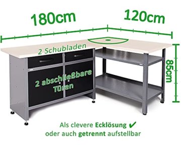 Ondis24 Werkstatt-Set Ecklösung Sparfuchs Plus 120 x 120 x 85cm (H), 2x Werkbank aus Metall, melaminbeschichtete Arbeitsplatte, Problemlöser für Ecke (180x120 Plus, Schwarz) - 2