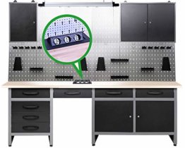 Ondis24 Werkstatt Werkstatteinrichtung 240cm Komplettset mit LED und Bluetooth Lautsprechern, inkl. versenkbare Steckdosenleiste grau Werkbank Werkzeugschrank Lochwand - 1