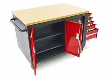 Profi fahrbare Werkbank mit Schubladen, 10 Schubladen, 1 Flügeltür, Werkbank mit kleine Lochwand, Werkstattausrüstung Tools.de - Werktisch Montagewerkbank Werkstatttisch - kugelgelagerten Schubladen - 7