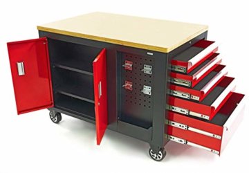 Profi fahrbare Werkbank mit Schubladen, 10 Schubladen, 1 Flügeltür, Werkbank mit kleine Lochwand, Werkstattausrüstung Tools.de - Werktisch Montagewerkbank Werkstatttisch - kugelgelagerten Schubladen - 9