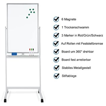 Pronomic WB-6090 Whiteboard - Magnetisch, drehbar, beidseitig beschreibbar - Fläche: 60x90cm - Trocken abwischbar - Alurahmen - Rollen & Tafel verriegelbar - Inkl. Markern, Magneten, Schwamm - Weiß - 3