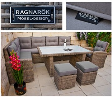 RAGNARÖK hohe Dinning Lounge - DEUTSCHE Marke - 8 Jahre GARANTIE EIGENE Produktion - PolyRattan Gartenmöbel Essgruppe Hocker Sessel verstellbare Lehn Naturfarben Rundrattan - 6