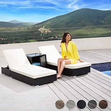 TecTake 2X Aluminium Polyrattan Sonnenliege + Tisch Gartenmöbel Set - inkl. 2 Bezugsets + Schutzhülle, Edelstahlschrauben - Diverse Farben - (Schwarz-Braun (Nr. 401499)) - 2